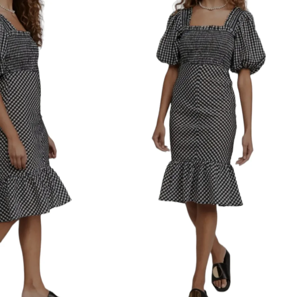 Ganni Searsucker Midi Dress Black White Plaid Check New With Tags Size 36 US 6 - Picture 1 of 10